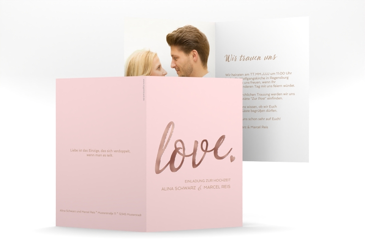 Einladungskarte Hochzeit Glam A6 Klappkarte hoch rosa rosegold