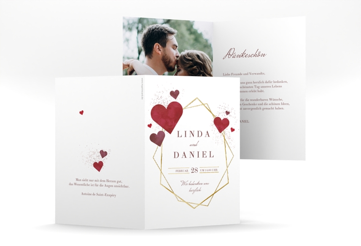 Danksagungskarte Hochzeit Herzlich A6 Klappkarte hoch gold gold mit Goldrahmen und roten Herzen