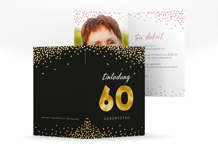 Einladung 60. Geburtstag Glitzer A6 Klappkarte hoch pink gold