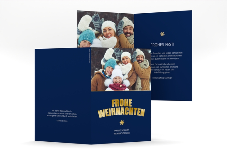 Weihnachtskarte Festtag A6 Klappkarte hoch blau gold zum Personalisieren mit Foto