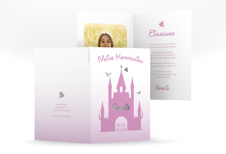 Kommunionseinladung Schlosskirche A6 Klappkarte hoch rosa silber