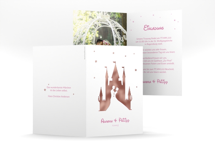 Einladungskarte Hochzeit Castle A6 Klappkarte hoch rosa rosegold