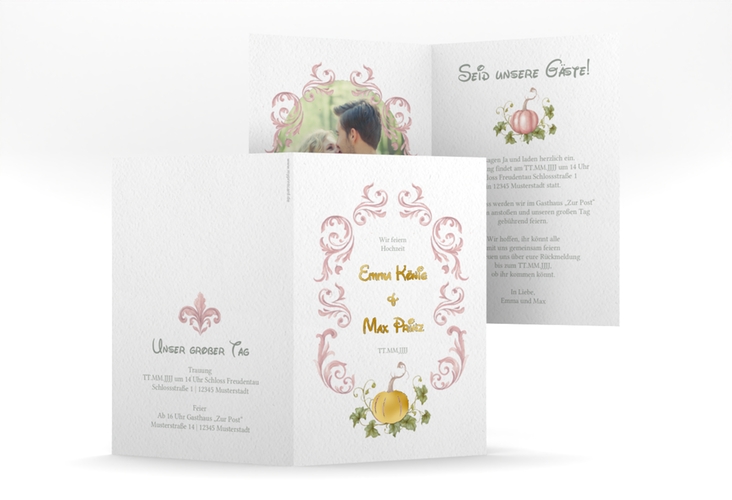 Einladungskarte Hochzeit Märchenhaft A6 Klappkarte hoch rosa gold