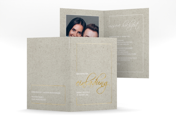 Einladungskarte Hochzeit Simple Line A6 Klappkarte hoch grau gold
