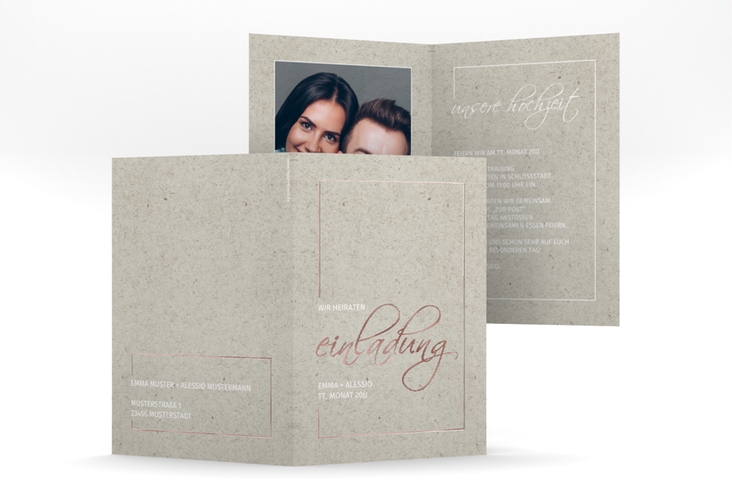 Einladungskarte Hochzeit Simple Line A6 Klappkarte hoch grau rosegold