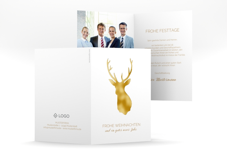 Business-Weihnachtskarte Deer A6 Klappkarte hoch gold gold und weiß mit Reh-Kopf