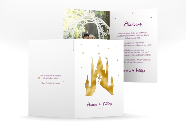 Einladungskarte Hochzeit Castle A6 Klappkarte hoch pink gold