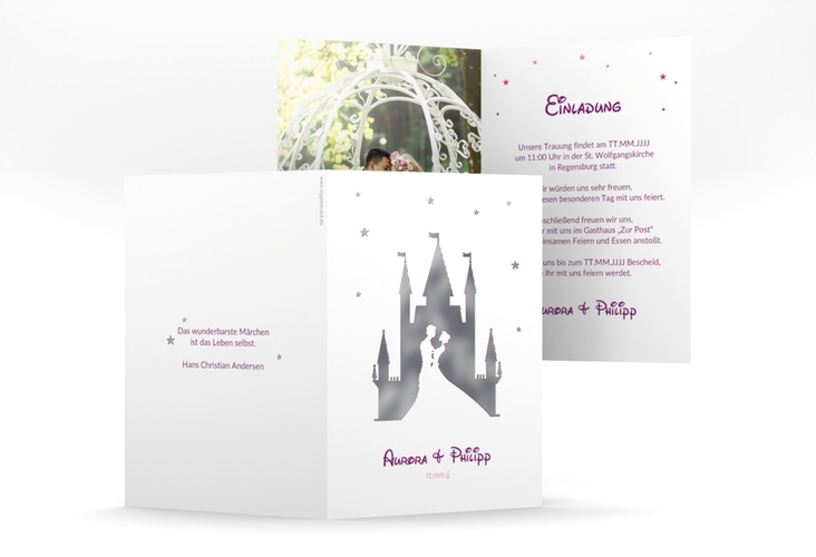 Einladungskarte Hochzeit Castle A6 Klappkarte hoch pink silber
