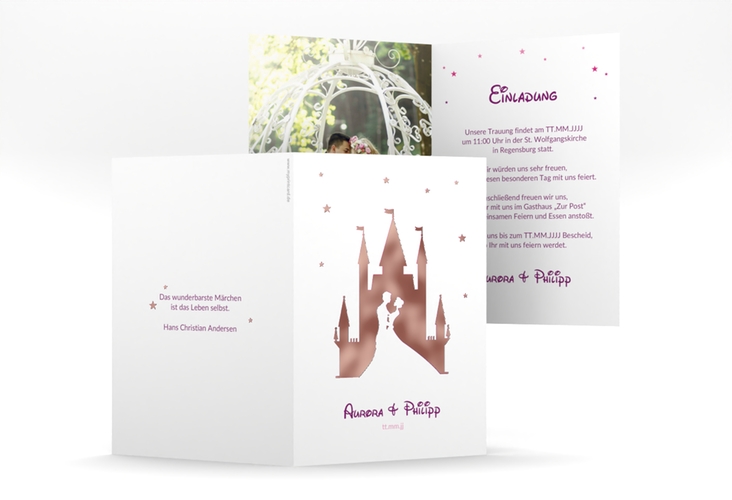 Einladungskarte Hochzeit Castle A6 Klappkarte hoch pink rosegold