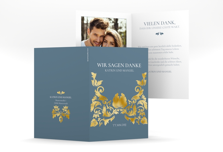 Danksagungskarte Hochzeit Royal A6 Klappkarte hoch blau gold mit barockem Blumen-Ornament