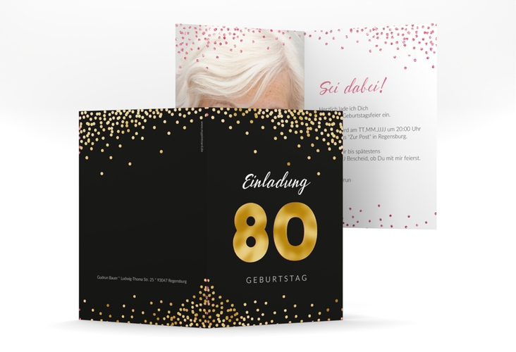 Einladung 80. Geburtstag Glitzer A6 Klappkarte hoch pink gold