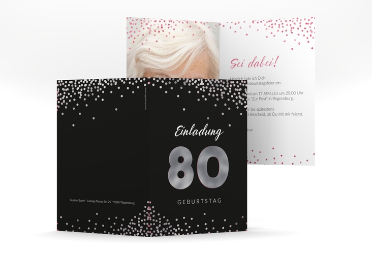 Einladung 80. Geburtstag Glitzer A6 Klappkarte hoch pink silber