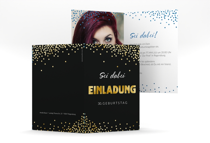 Einladung Geburtstag Glitzer A6 Klappkarte hoch blau gold