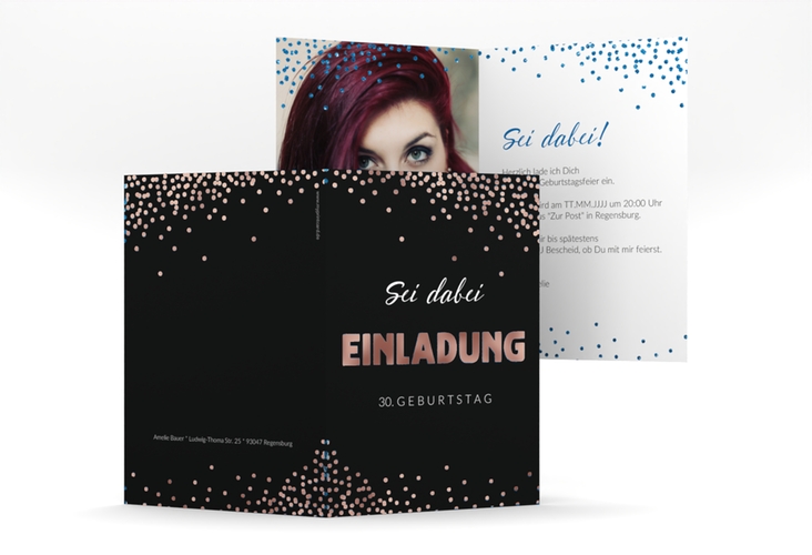Einladung Geburtstag Glitzer A6 Klappkarte hoch blau rosegold
