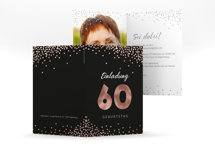 Einladung 60. Geburtstag Glitzer A6 Klappkarte hoch grau rosegold