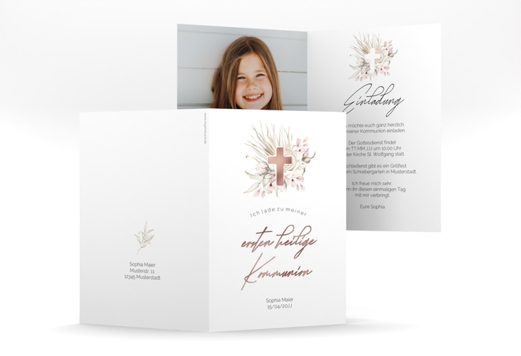 Kommunionseinladung Boho Kreuz A6 Klappkarte hoch rosa rosegold