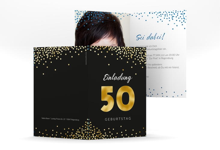 Einladung 50. Geburtstag Glitzer A6 Klappkarte hoch blau gold