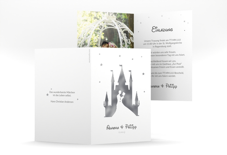 Einladungskarte Hochzeit Castle A6 Klappkarte hoch grau silber