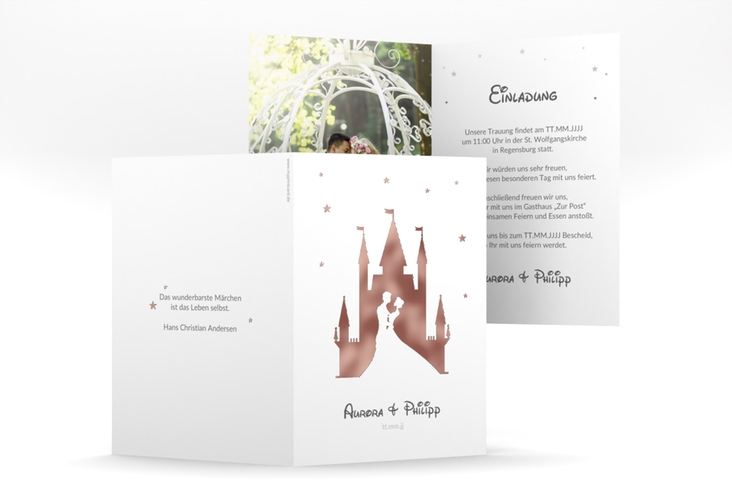 Einladungskarte Hochzeit Castle A6 Klappkarte hoch grau rosegold