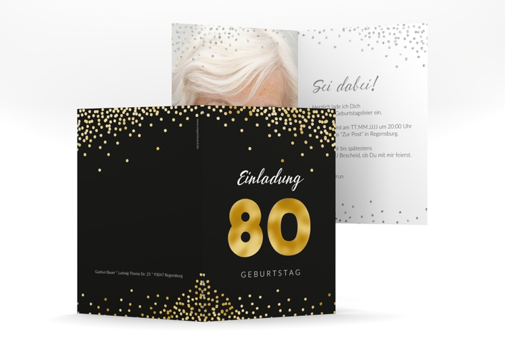 Einladung 80. Geburtstag Glitzer A6 Klappkarte hoch grau gold