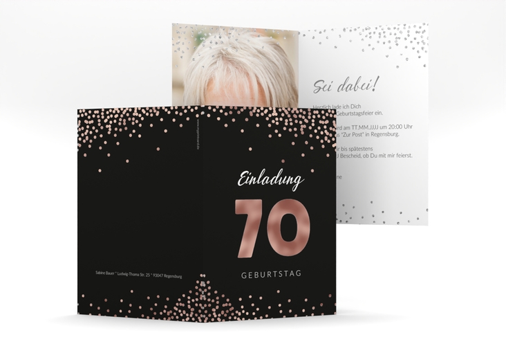 Einladung 70. Geburtstag Glitzer A6 Klappkarte hoch grau rosegold