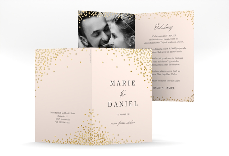 Einladungskarte Hochzeit Glitter A6 Klappkarte hoch rosa gold
