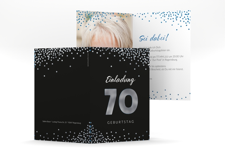 Einladung 70. Geburtstag Glitzer A6 Klappkarte hoch blau silber