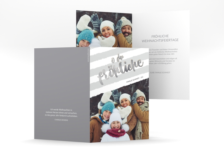 Weihnachtskarte Weihnachtslied A6 Klappkarte hoch grau silber gestreift mit Familienfoto