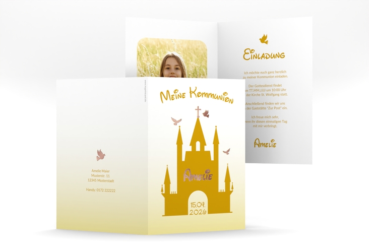Kommunionseinladung Schlosskirche A6 Klappkarte hoch gold rosegold