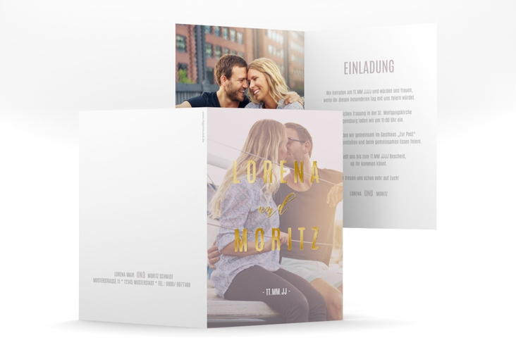 Einladungskarte Hochzeit Memory A6 Klappkarte hoch grau gold