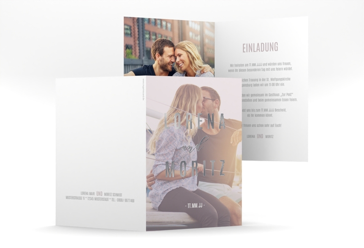Einladungskarte Hochzeit Memory A6 Klappkarte hoch grau silber