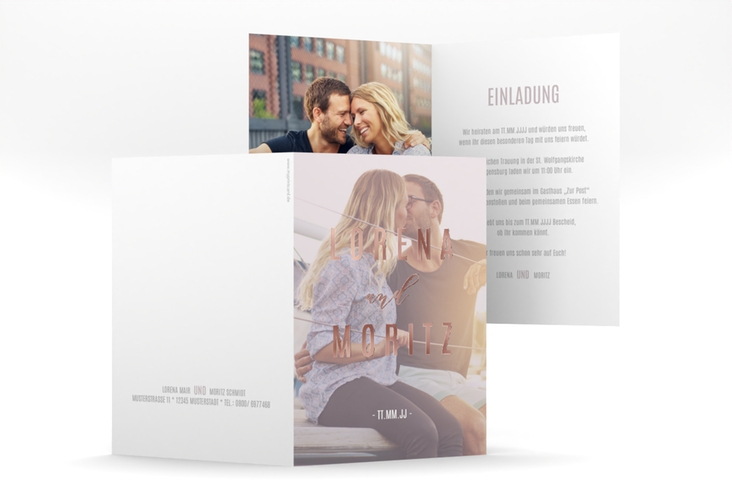 Einladungskarte Hochzeit Memory A6 Klappkarte hoch grau rosegold