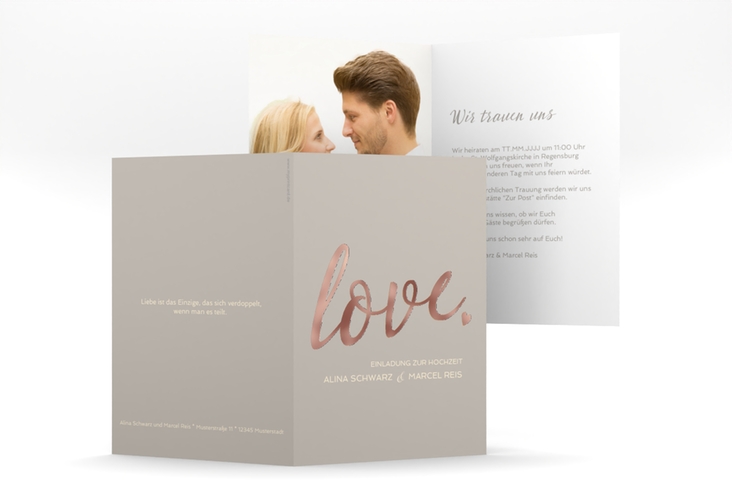 Einladungskarte Hochzeit Glam A6 Klappkarte hoch grau rosegold