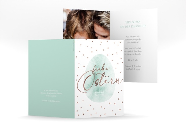 Osterkarte Osterei A6 Klappkarte hoch mint rosegold mit Punkten