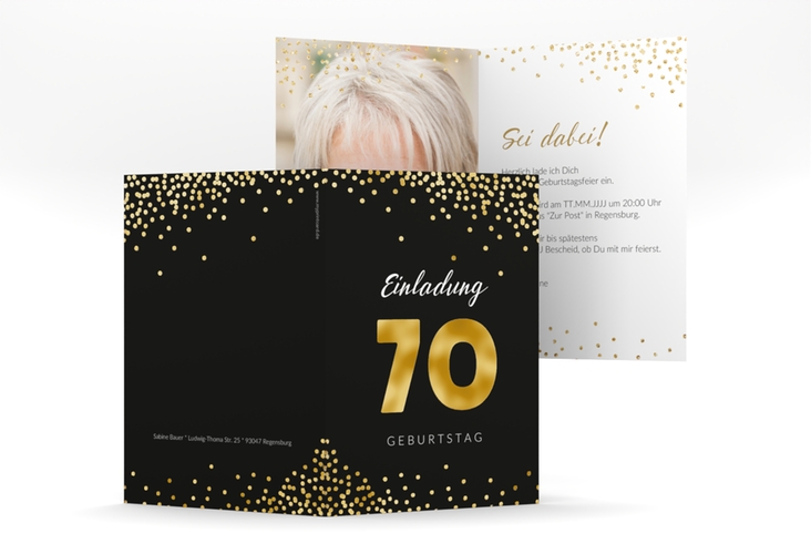 Einladung 70. Geburtstag Glitzer A6 Klappkarte hoch gold gold