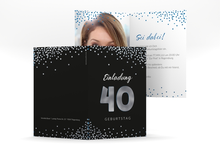 Einladung 40. Geburtstag Glitzer A6 Klappkarte hoch blau silber