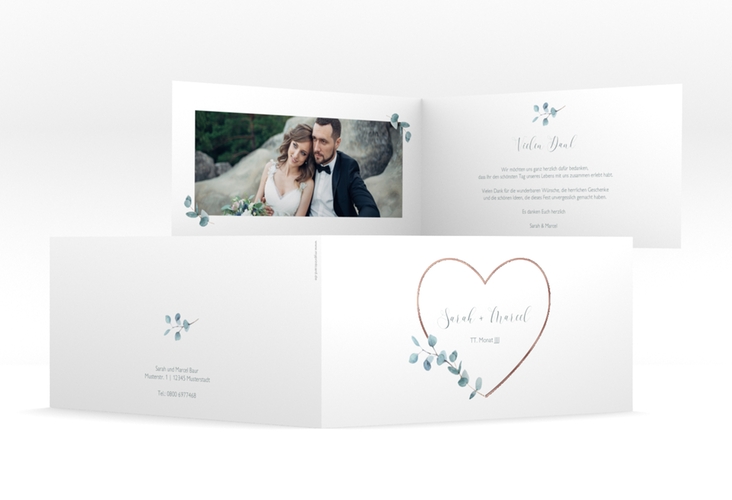 Danksagungskarte Hochzeit Greenheart lange Klappkarte quer grau rosegold mit elegantem Herz und Eukalyptus-Zweig