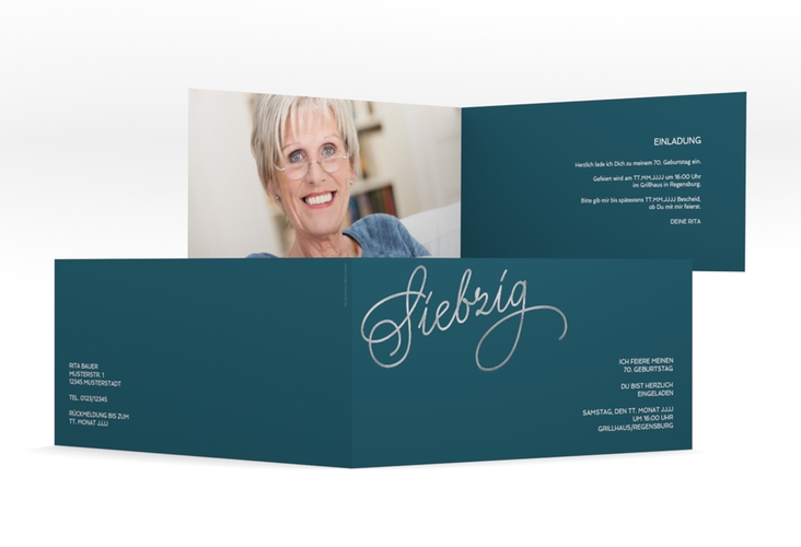 Einladung 70. Geburtstag Schwungvoll lange Klappkarte quer blau silber