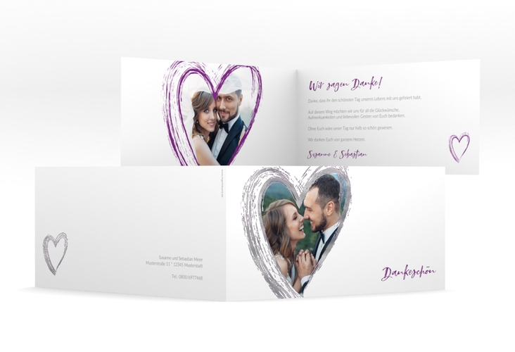 Danksagung Hochzeit Liebe lange Klappkarte quer lila silber