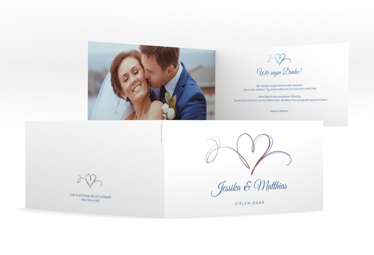 Dankeskarte Hochzeit Envie lange Klappkarte quer blau rosegold