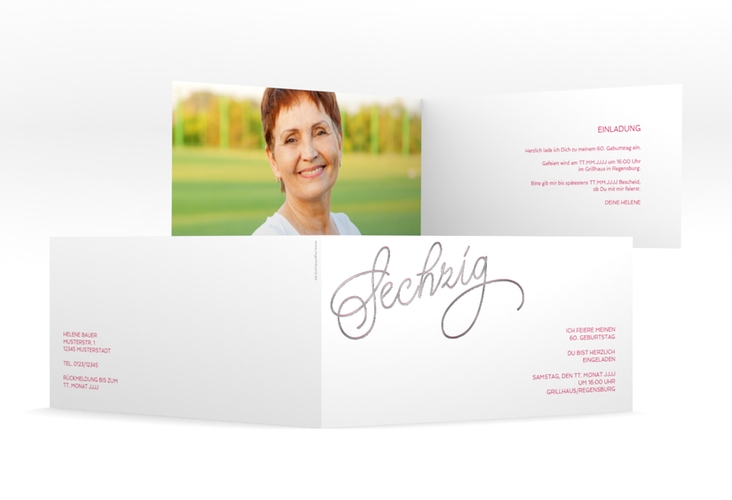 Einladung 60. Geburtstag Schwungvoll lange Klappkarte quer pink silber