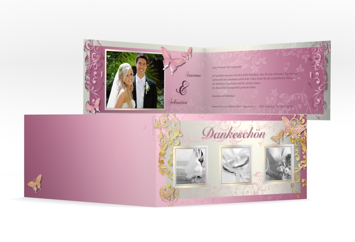 Dankeskarte Hochzeit Toulouse lange Klappkarte quer rosa gold