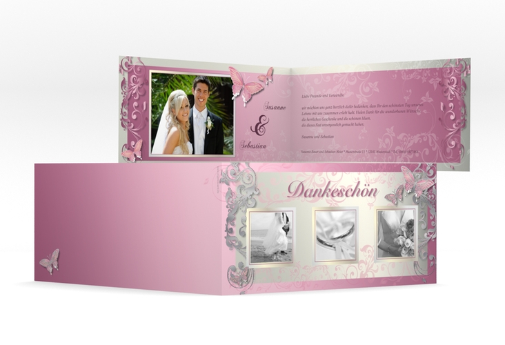 Dankeskarte Hochzeit Toulouse lange Klappkarte quer rosa silber