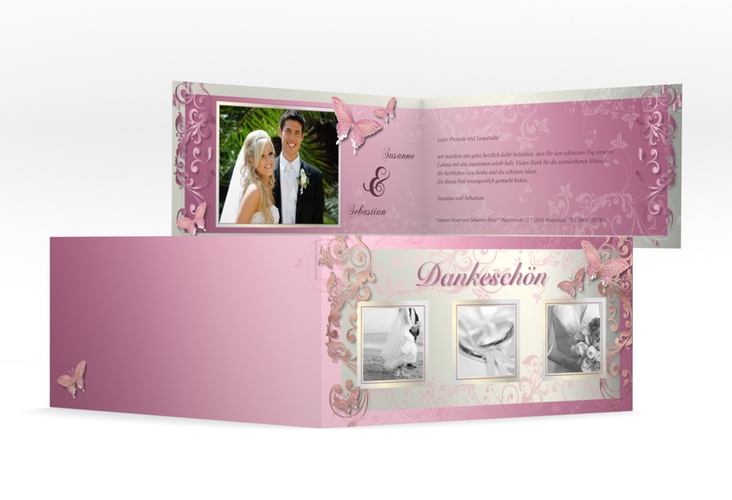 Dankeskarte Hochzeit Toulouse lange Klappkarte quer rosa rosegold
