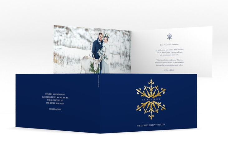 Danksagungskarte Hochzeit Crystal lange Klappkarte quer blau gold mit Eiskristall