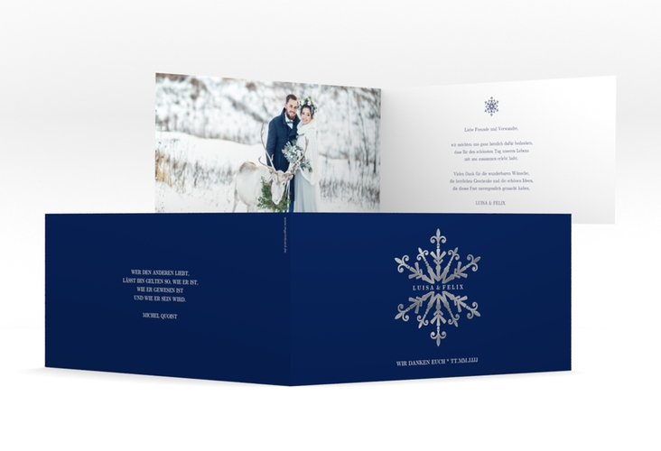 Danksagungskarte Hochzeit Crystal lange Klappkarte quer blau silber mit Eiskristall