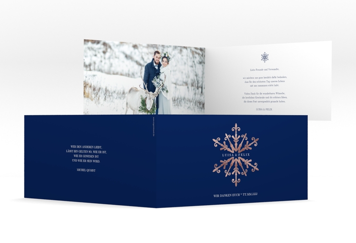 Danksagungskarte Hochzeit Crystal lange Klappkarte quer blau rosegold mit Eiskristall