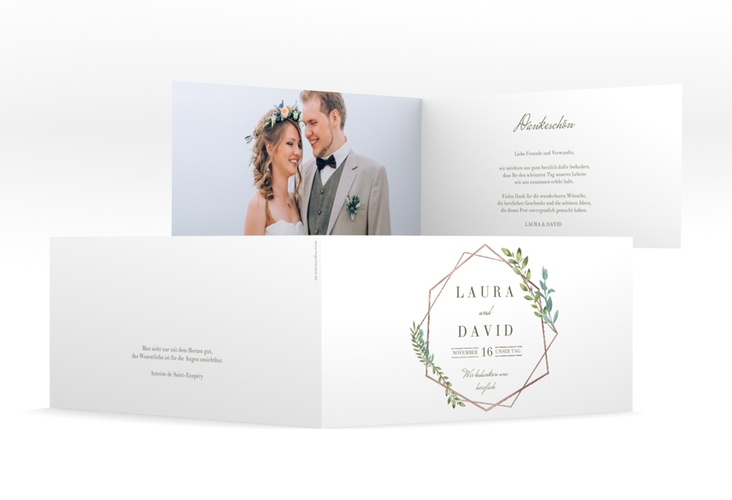 Dankeskarte Hochzeit Herbarium lange Klappkarte quer grau rosegold mit geometrischem Rahmen und Blätter-Dekor