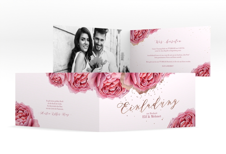 Hochzeitseinladung Cherie lange Klappkarte quer rosa rosegold