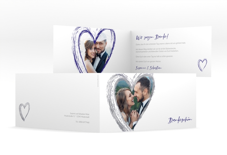 Danksagung Hochzeit Liebe lange Klappkarte quer blau silber